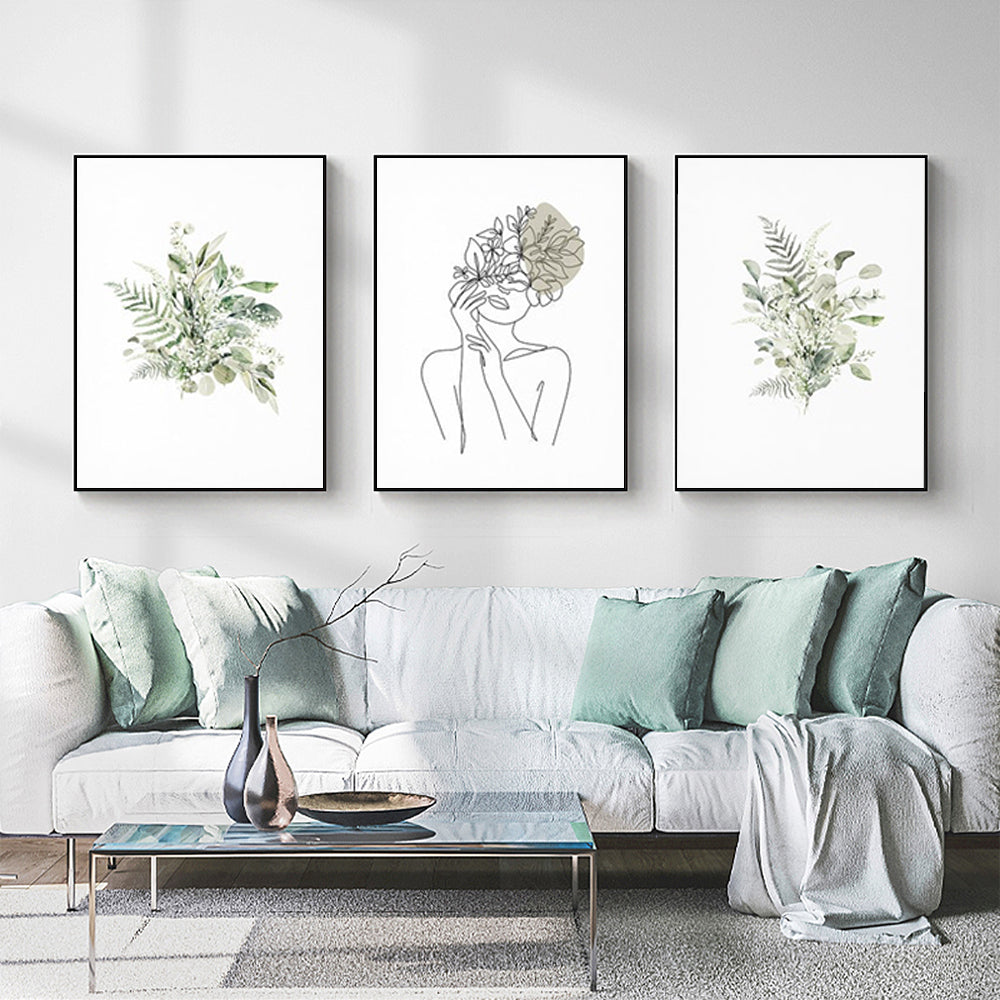 Botanical Line Art Girl Canvas Set with Black Frame - 80cm x 120cm