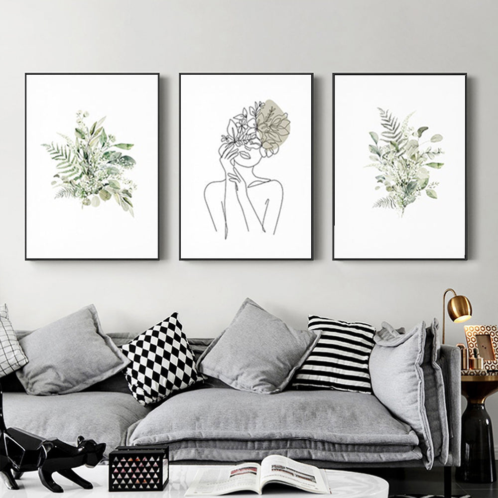 Botanical Line Art Girl Canvas Set with Black Frame - 80cm x 120cm