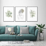 Botanical Line Art Girl Canvas Set with Black Frame - 80cm x 120cm