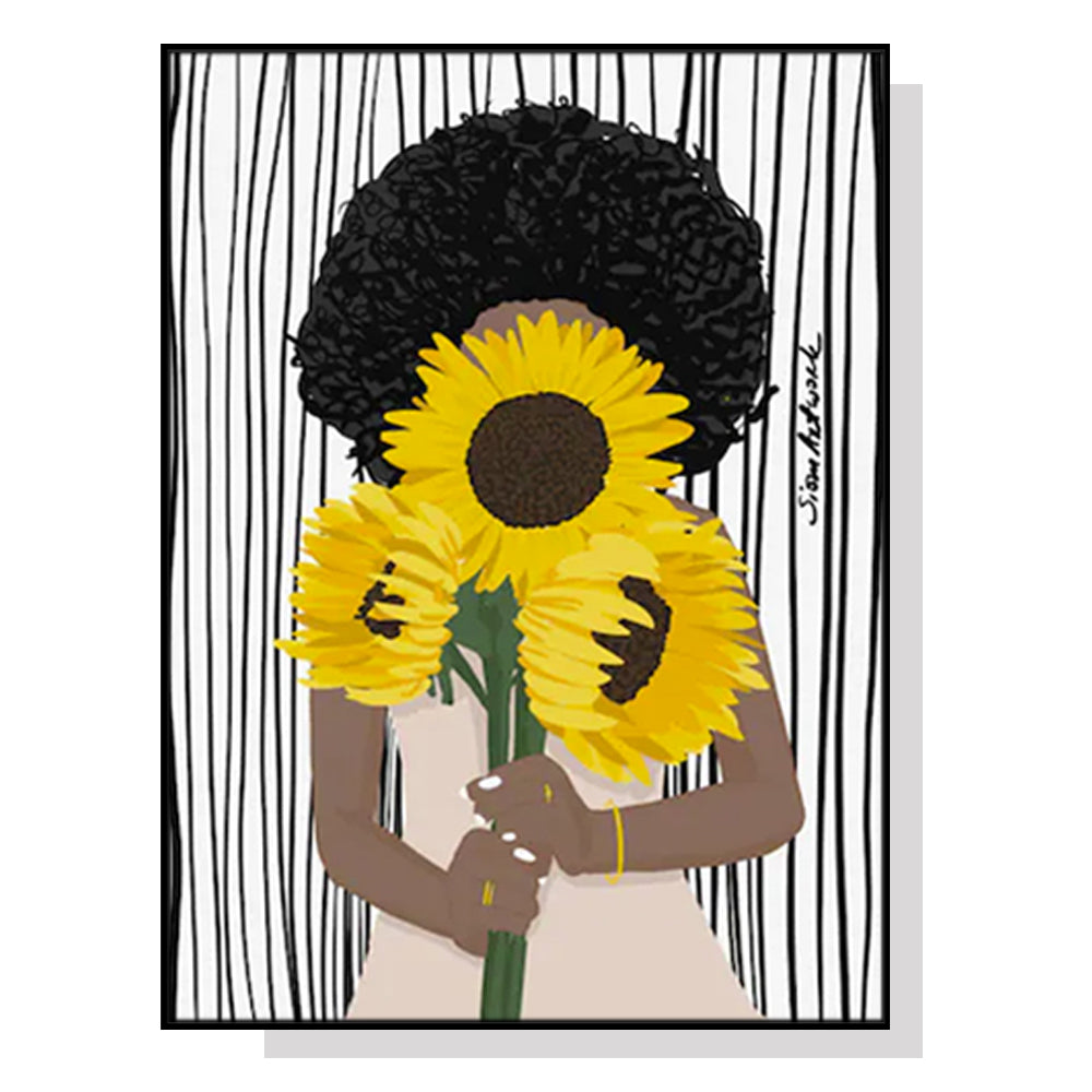 Canvas Art Print: African Woman with Sunflower in Black Frame - 90cm x 135cm