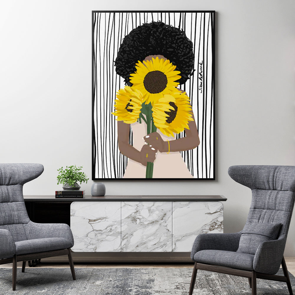 Canvas Art Print: African Woman with Sunflower in Black Frame - 90cm x 135cm