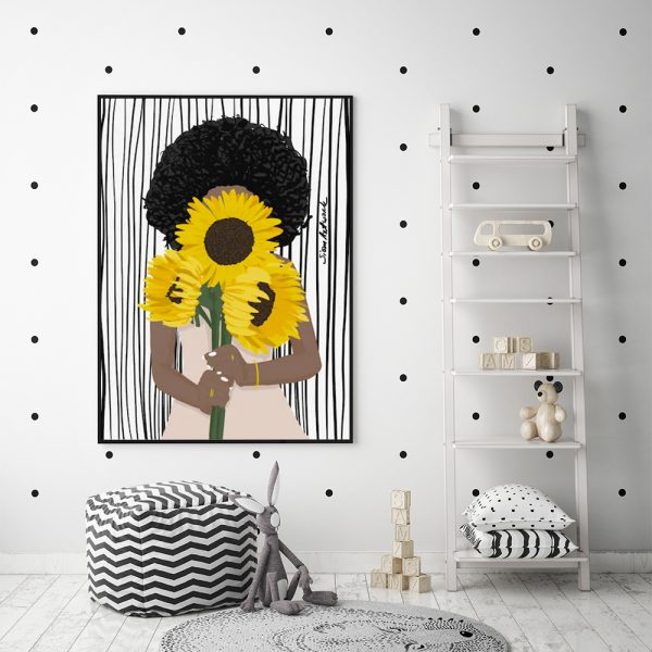 Canvas Art Print: African Woman with Sunflower in Black Frame - 90cm x 135cm