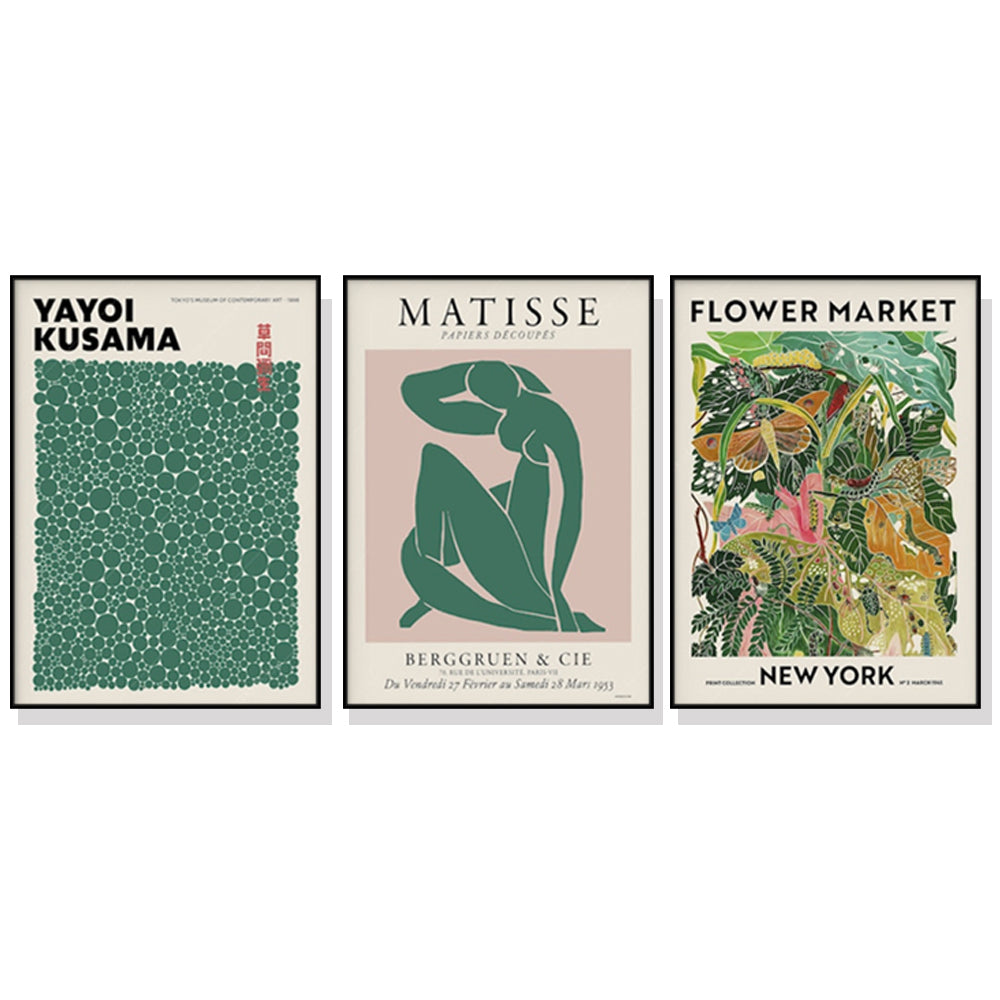 Floral Market Canvas Art Set - Matisse & Yayoi Kusama Prints with Black Floating Frames 80cm x 120cm