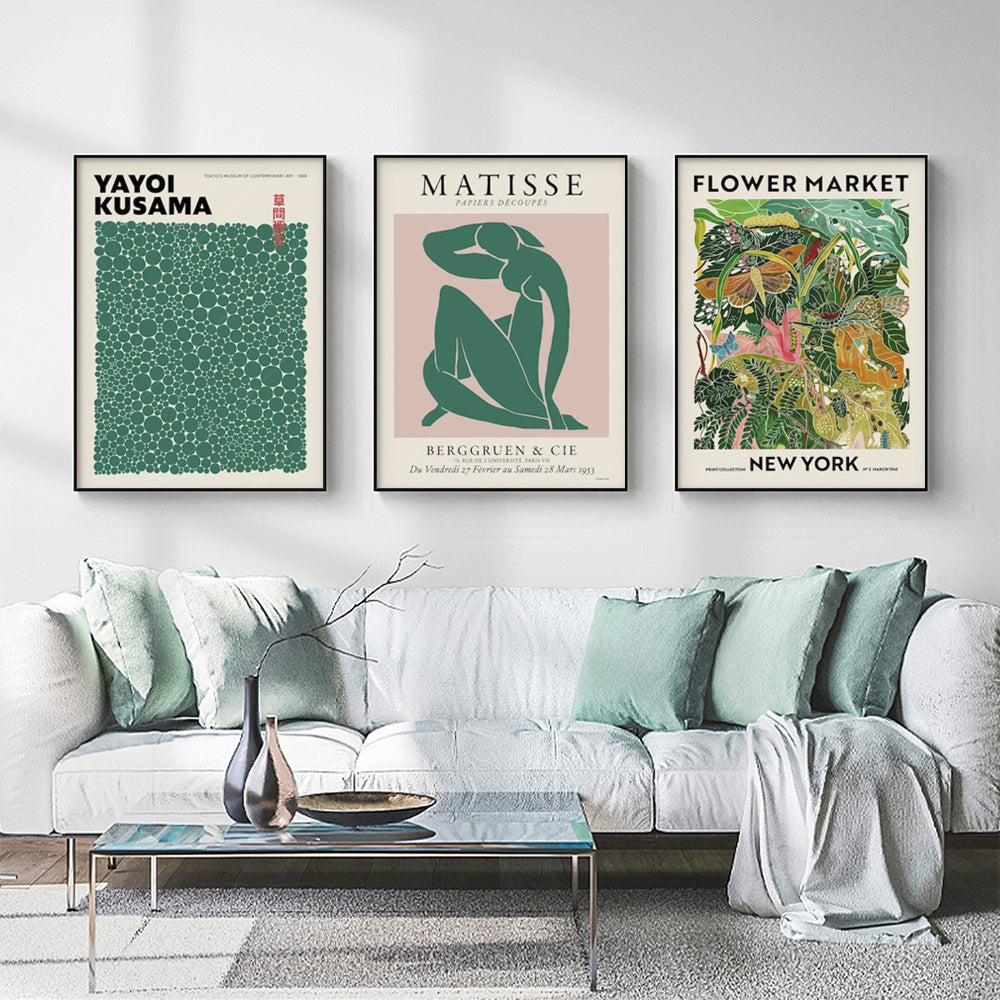 Floral Market Canvas Art Set - Matisse & Yayoi Kusama Prints with Black Floating Frames 80cm x 120cm