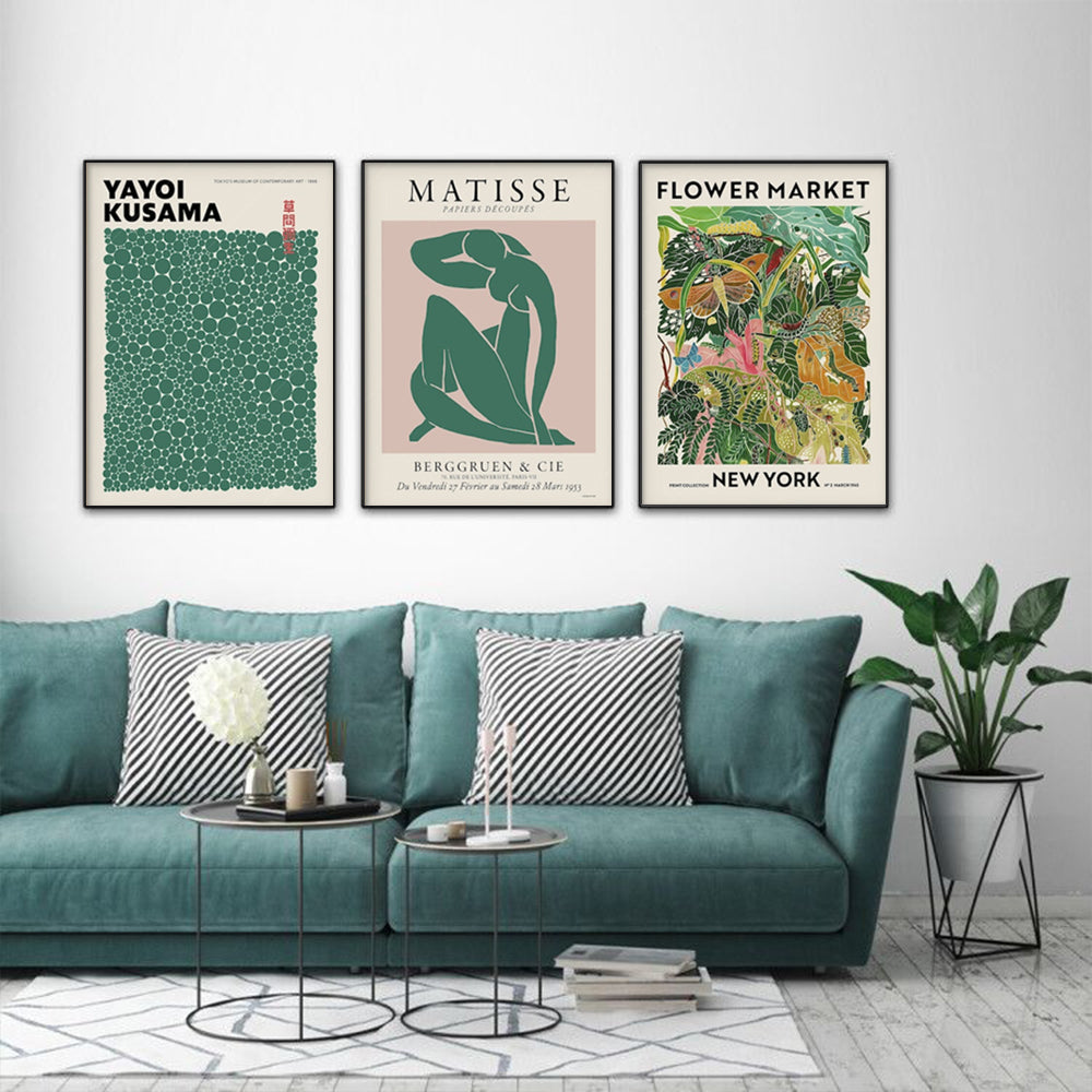 Floral Market Canvas Art Set - Matisse & Yayoi Kusama Prints with Black Floating Frames 80cm x 120cm