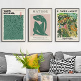 Floral Market Canvas Art Set - Matisse & Yayoi Kusama Prints with Black Floating Frames 80cm x 120cm