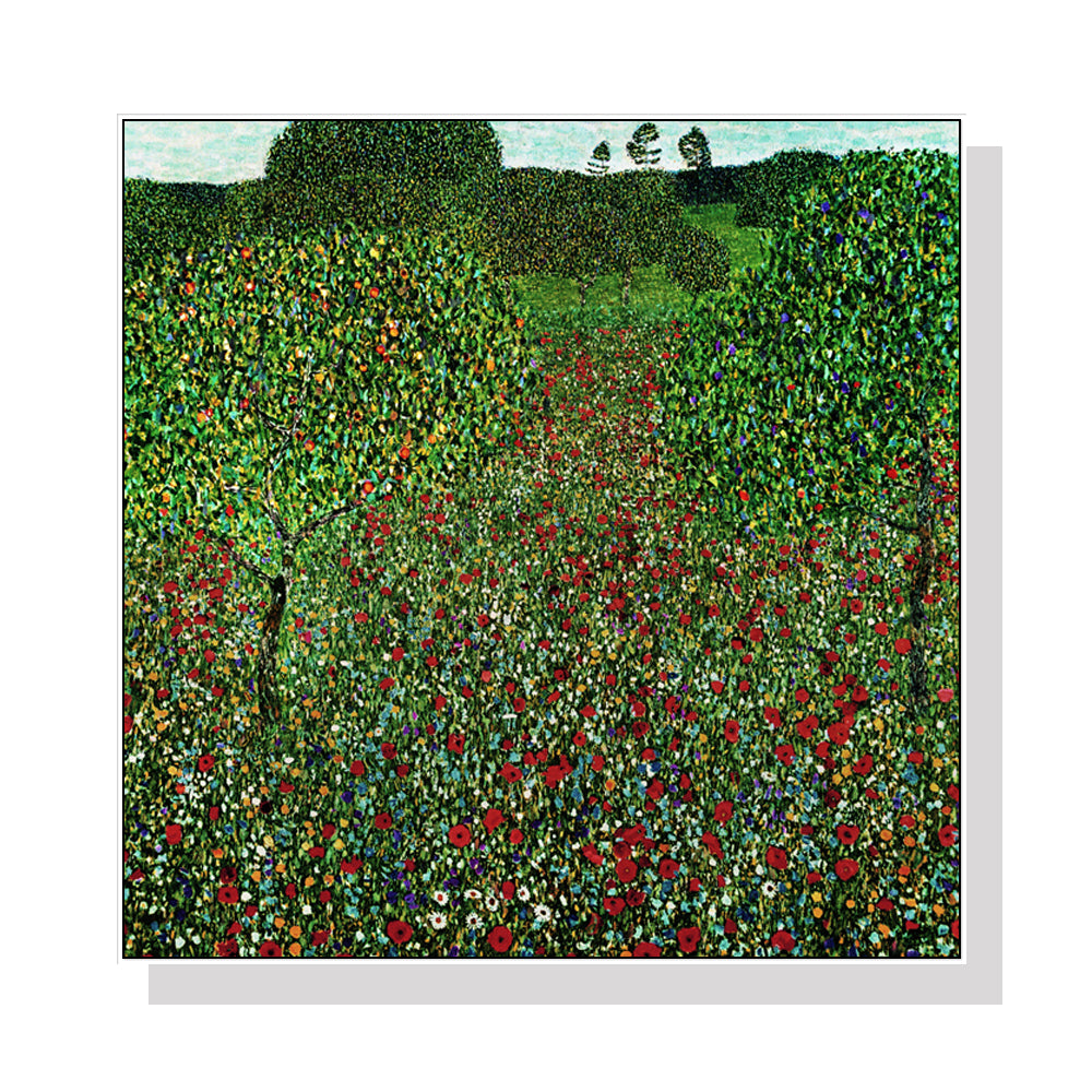 Gustav Klimt's Field of Poppies Framed Canvas Art - 90cm x 90cm with White Floating Frame