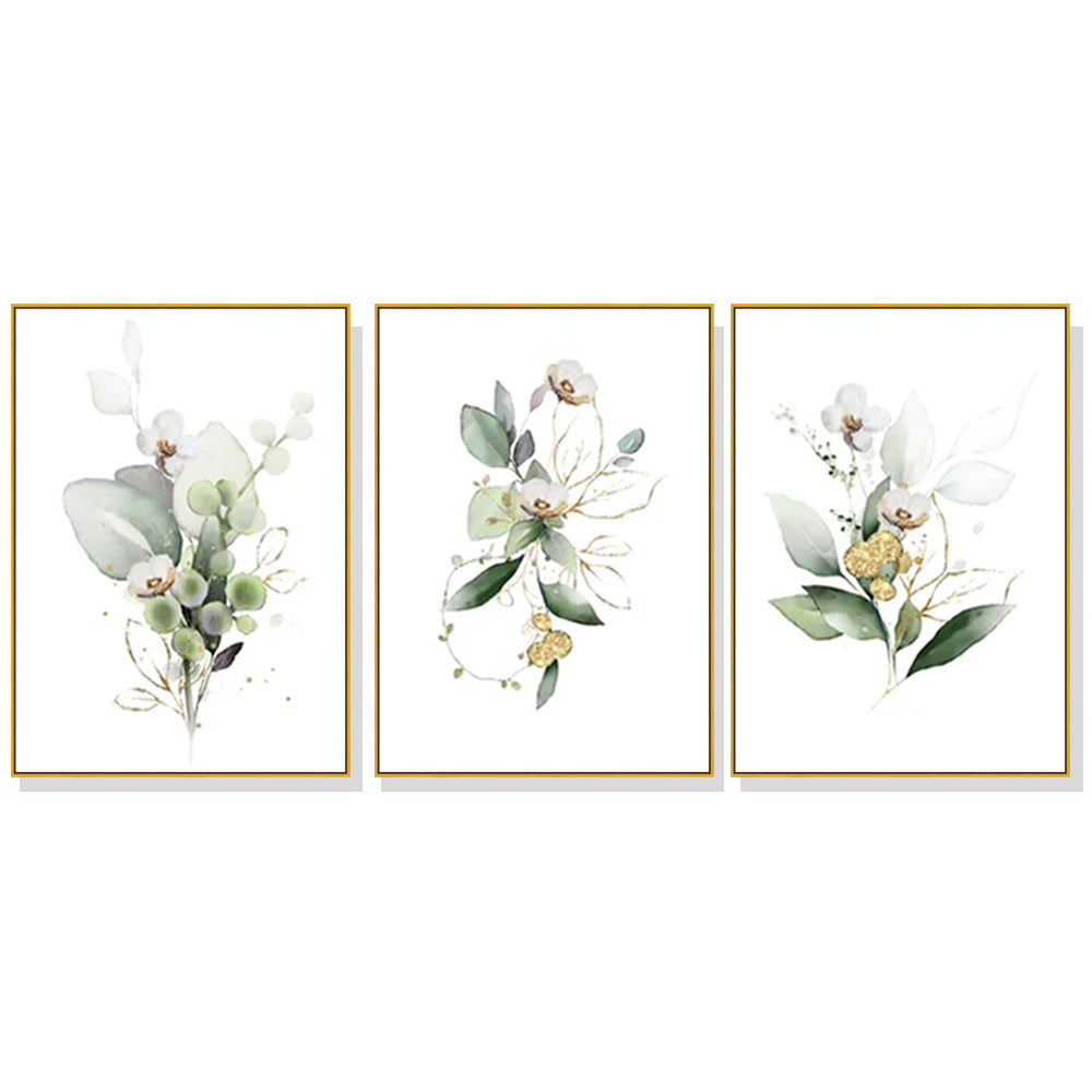 Gold and Green Botanical Watercolor Canvas Art Set - 70cm x 100cm with Floating Frame