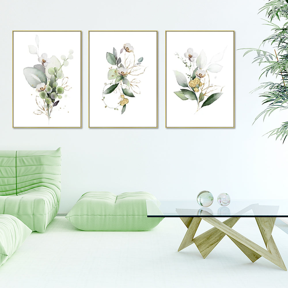 Gold and Green Botanical Watercolor Canvas Art Set - 70cm x 100cm with Floating Frame