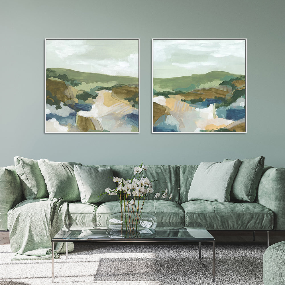 Framed Abstract Landscape Canvas Art Set - 80cm x 80cm, White Floating Frame