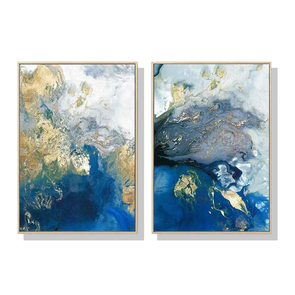 Elegant Marbled Blue and Gold Wall Art Set - 40x60cm Canvas with Gold Frame