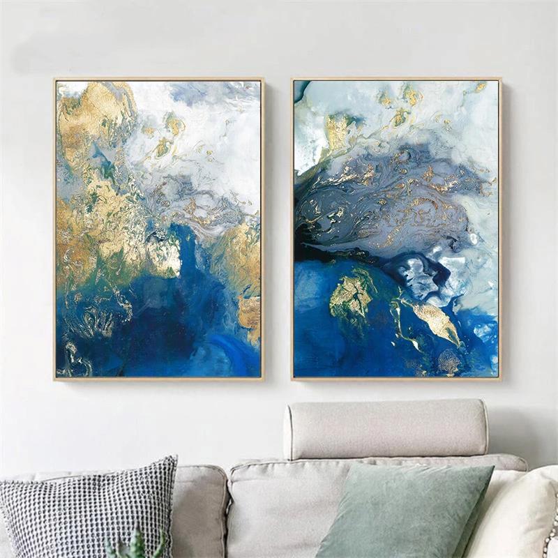 Elegant Marbled Blue and Gold Wall Art Set - 40x60cm Canvas with Gold Frame