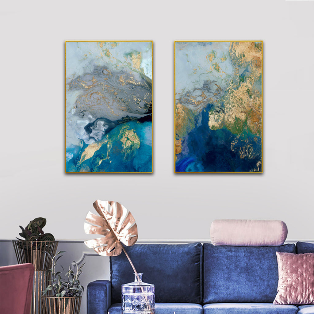 Elegant Marbled Blue and Gold Wall Art Set - 40x60cm Canvas with Gold Frame