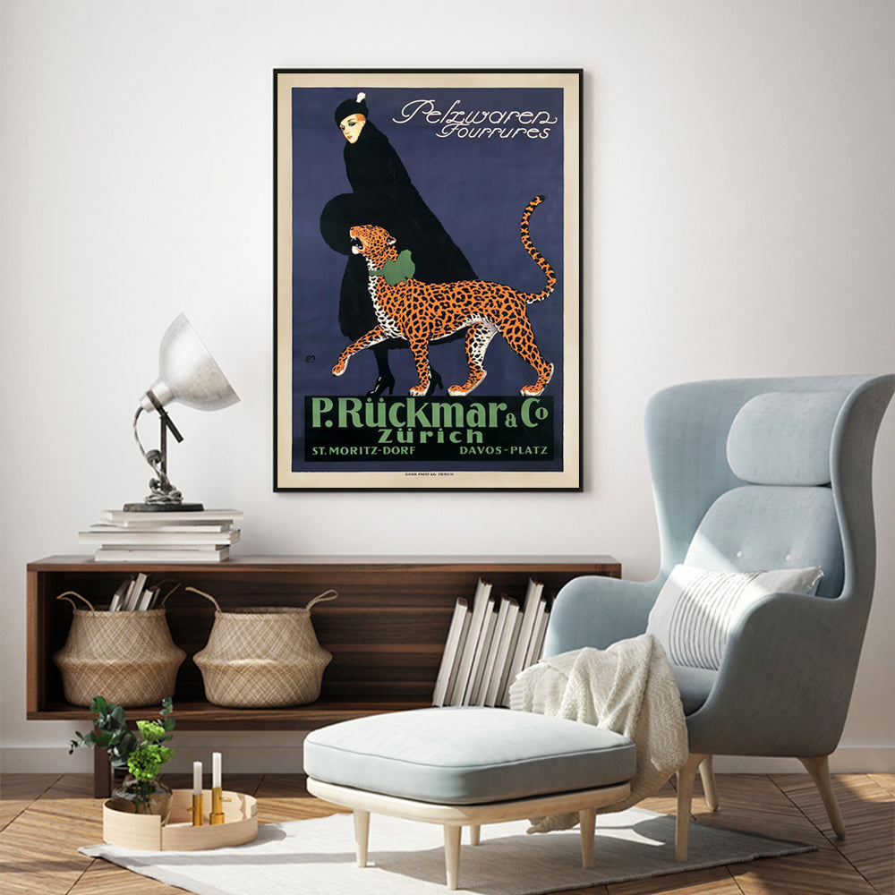 Vintage Canvas Art: Elegant Woman with Leopard in Black Frame - 100cm x 150cm