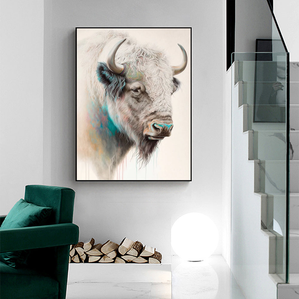 Stunning 60cmx90cm Great White Buffalo Canvas Art with Black Frame