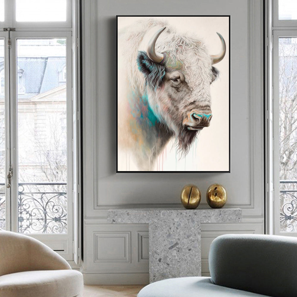 Stunning 60cmx90cm Great White Buffalo Canvas Art with Black Frame