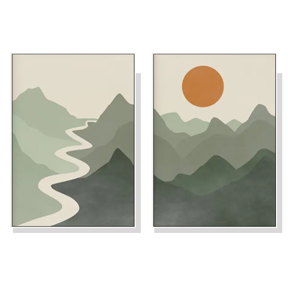 Sage Green River Mountain Canvas Art Set with White Frames - 40cm x 60cm