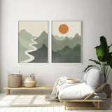 Sage Green River Mountain Canvas Art Set with White Frames - 40cm x 60cm