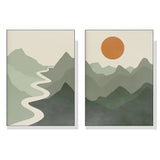 Sage Green River Mountain Canvas Art Set with White Frame - 90cm x 135cm