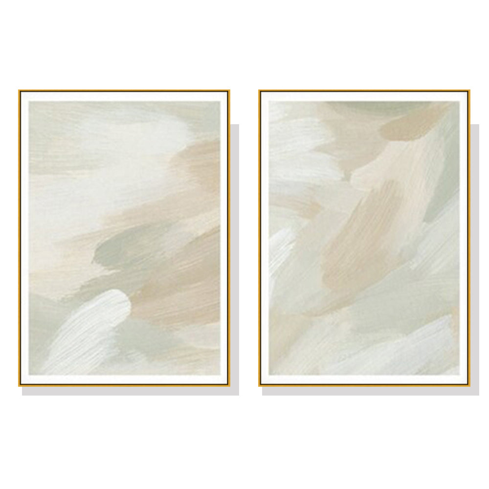 Beige and Sage Green Canvas Wall Art Set with Gold Frame - 90cm x 135cm