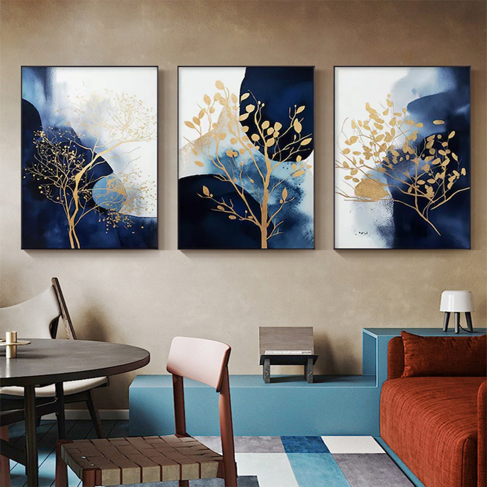 Navy and Gold Watercolor Canvas Art Sets with Black Frame - 80cm x 120cm