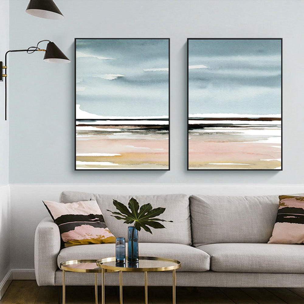 Pink Beach Landscape Canvas Art Set - 80cm x 120cm with Black Frame