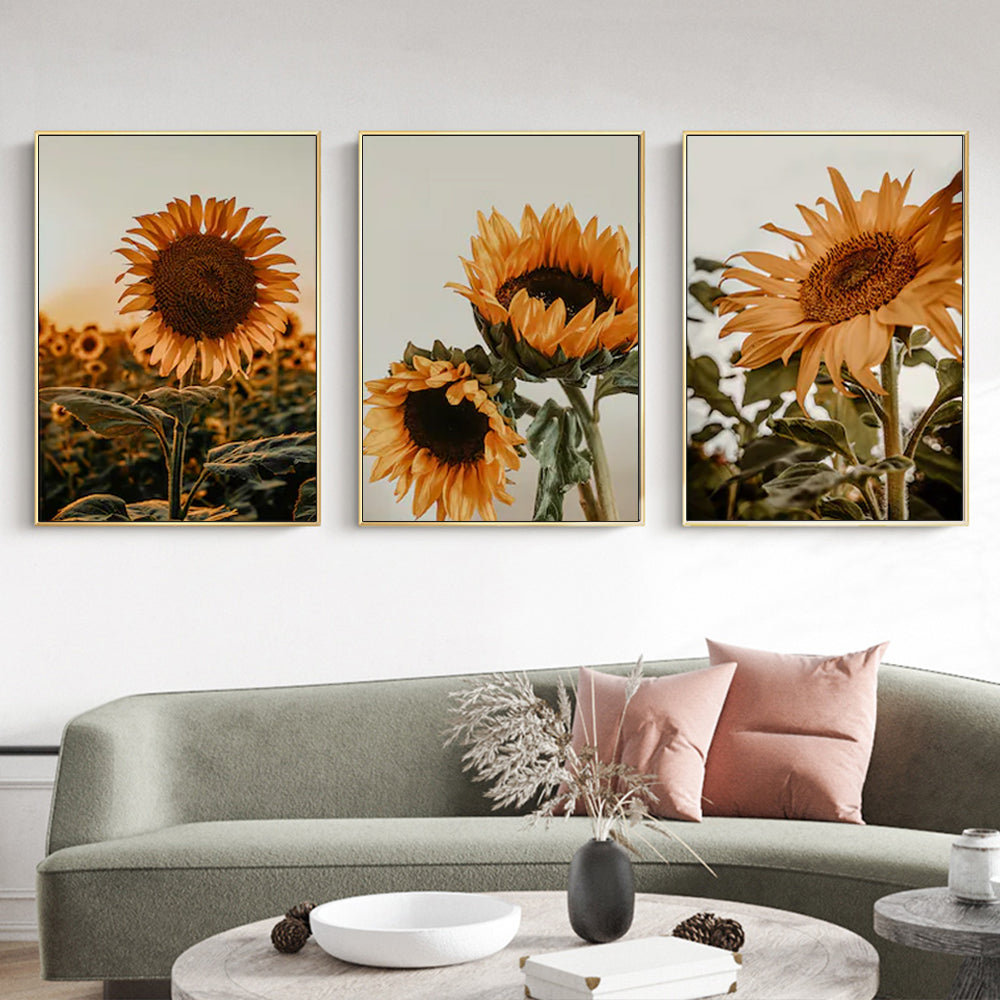 Elegant Sunflower Canvas Wall Art Set - 70cm x 100cm with Gold Frame (3 Pieces)