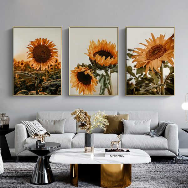 Elegant Sunflower Canvas Wall Art Set - 70cm x 100cm with Gold Frame (3 Pieces)