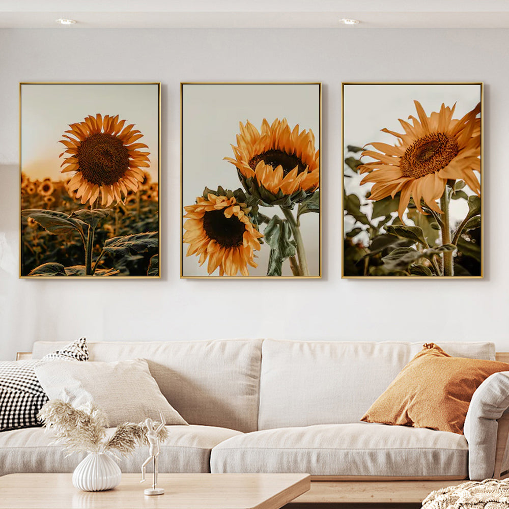 Sunflower Canvas Art Set - 80cm x 120cm Gold Framed Prints (3 Pieces)