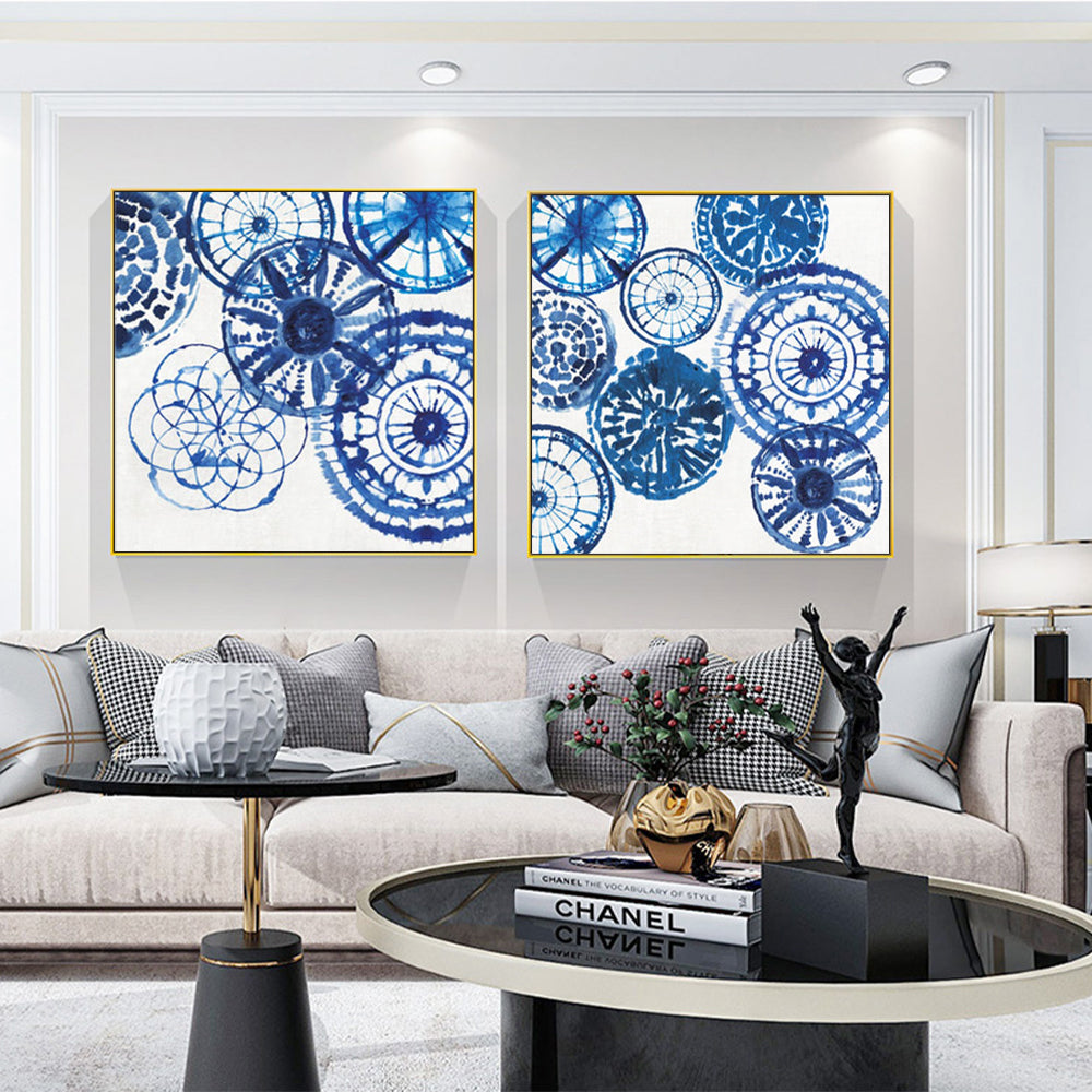 Elegant Blue Day Canvas Art Set with Gold Floating Frames - 90cm x 90cm