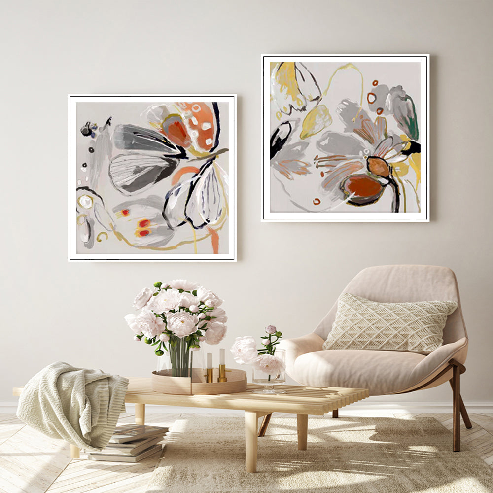 Spring Bloom Collection: 100cmx100cm Floral Canvas Art in White Frame (2 Sets)