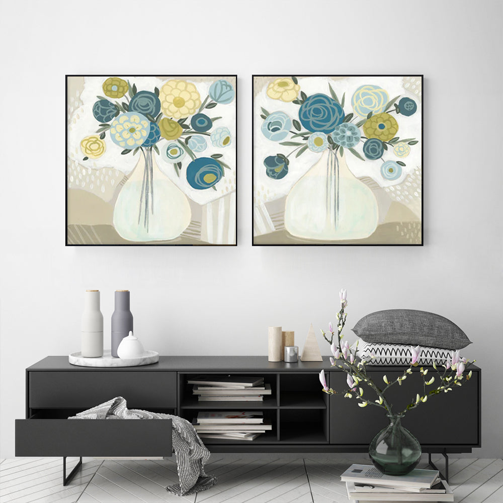 Framed Blue Bouquet Wall Art Set - 80x80cm Canvas Prints with Black Frames