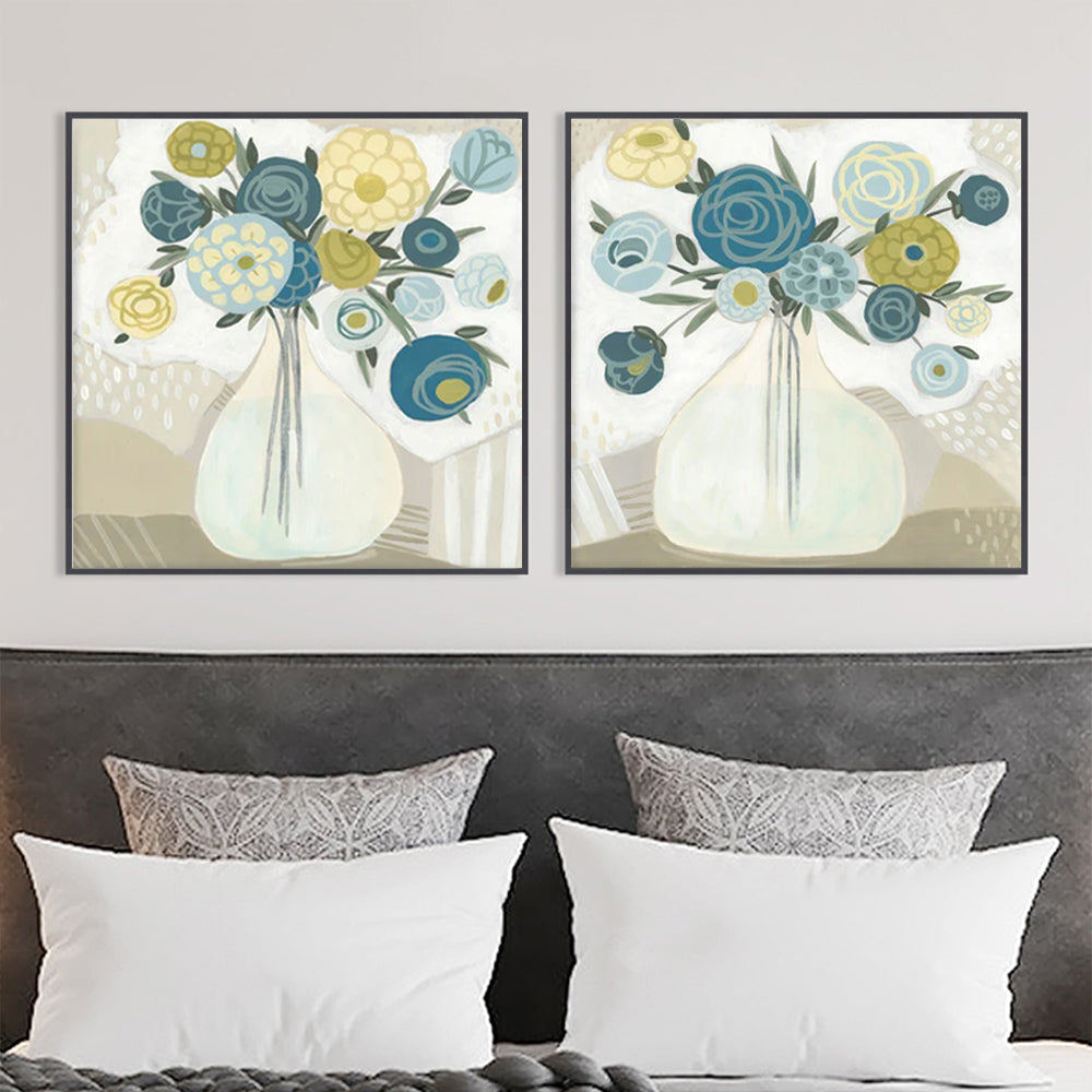 Blue Bouquet Wall Art Set - 90cm x 90cm with Black Floating Frame - Canvas Prints