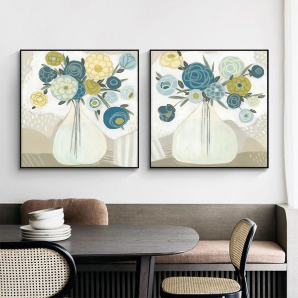 Blue Bouquet Wall Art Set - 90cm x 90cm with Black Floating Frame - Canvas Prints