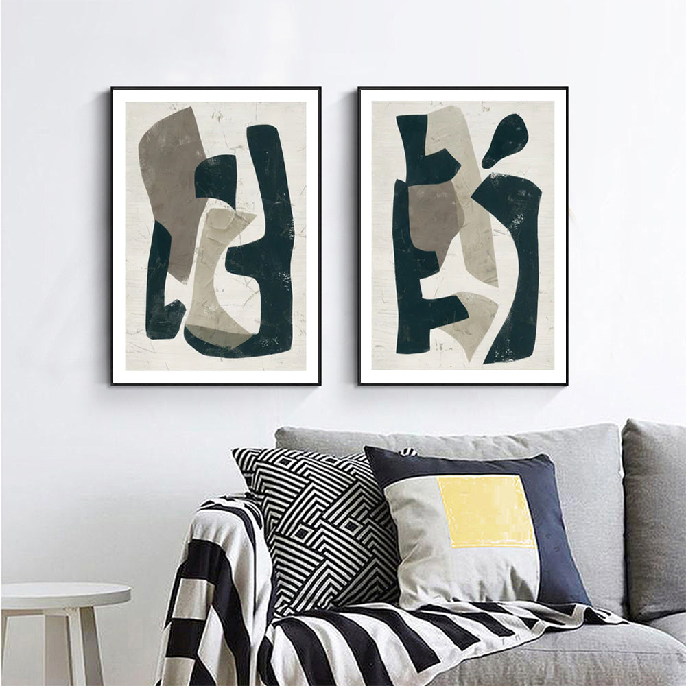 Framed Abstract Puzzle Wall Art 100cm x 150cm - Black Canvas Set of 2