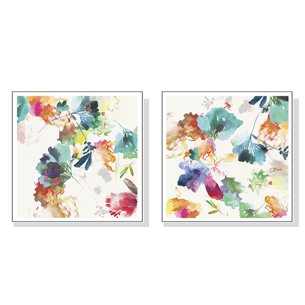 Glitchy Floral Canvas Wall Art Set - 50cm x 50cm with White Floating Frame