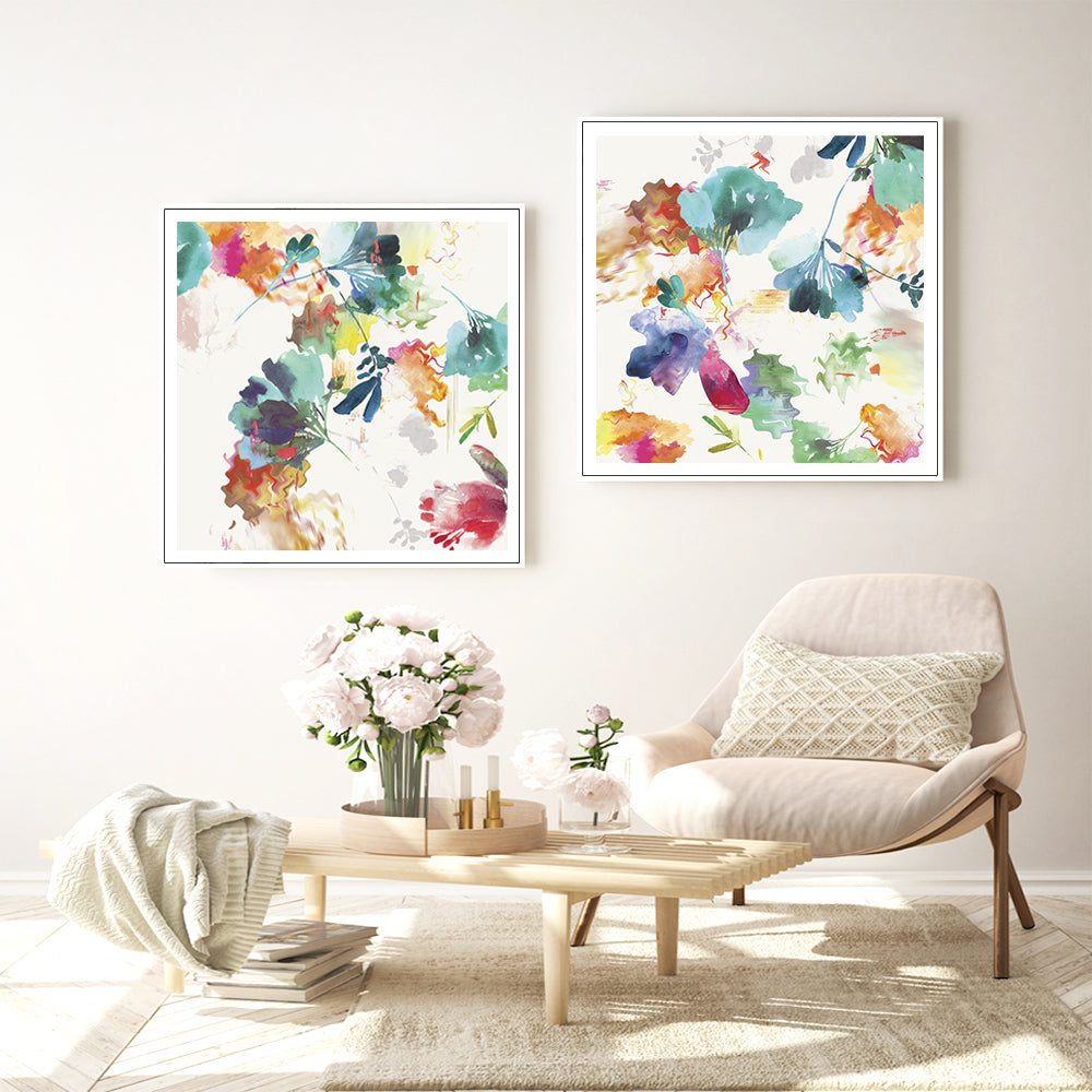 Glitchy Floral Canvas Wall Art Set - 50cm x 50cm with White Floating Frame