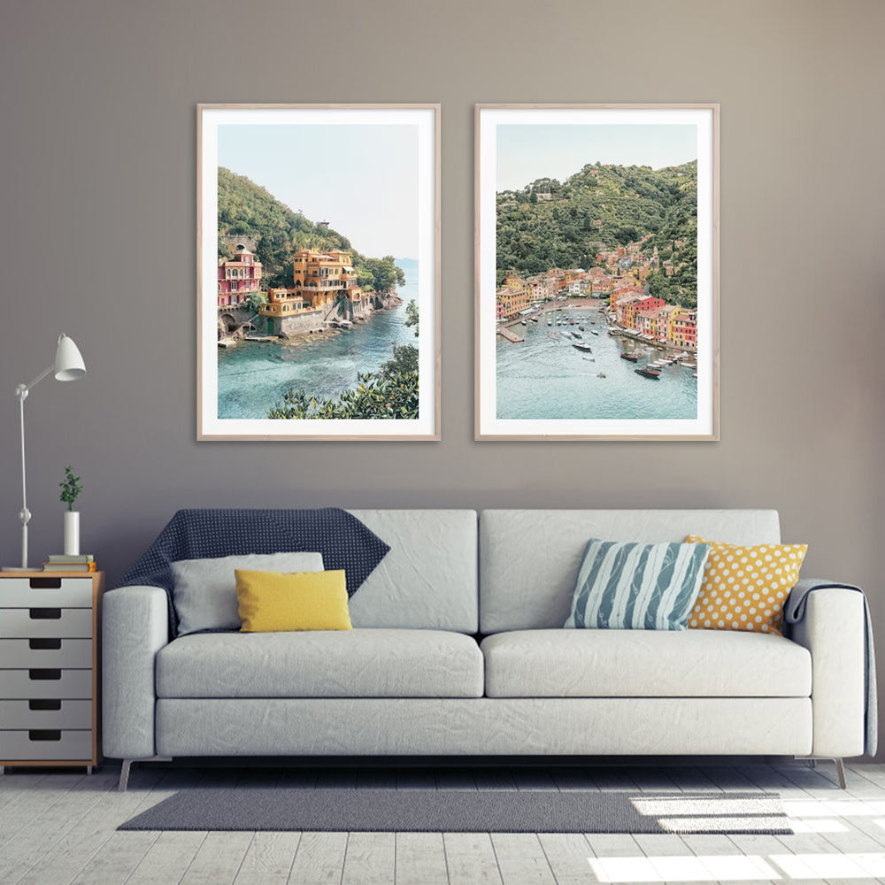 Coastal Elegance: 40x60cm Italy Canvas Wall Art Set with Wooden Frames