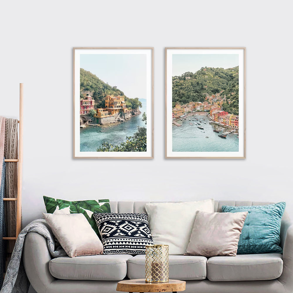 Coastal Elegance: 40x60cm Italy Canvas Wall Art Set with Wooden Frames