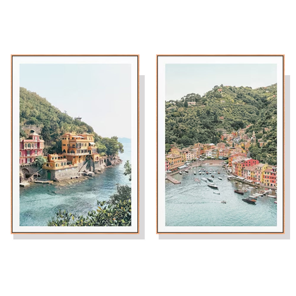 Coastal Elegance: 2-Piece Framed Canvas Art Set (100cm x 150cm) - Italy Inspiration