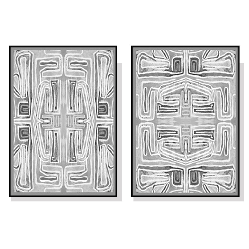 Black and White Patterned Canvas Wall Art Set - 50cm x 70cm with Black Frames