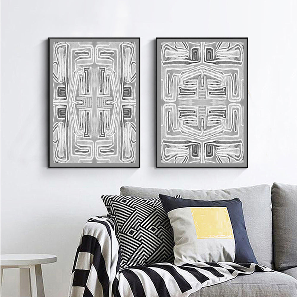 Black and White Patterned Canvas Wall Art Set - 50cm x 70cm with Black Frames