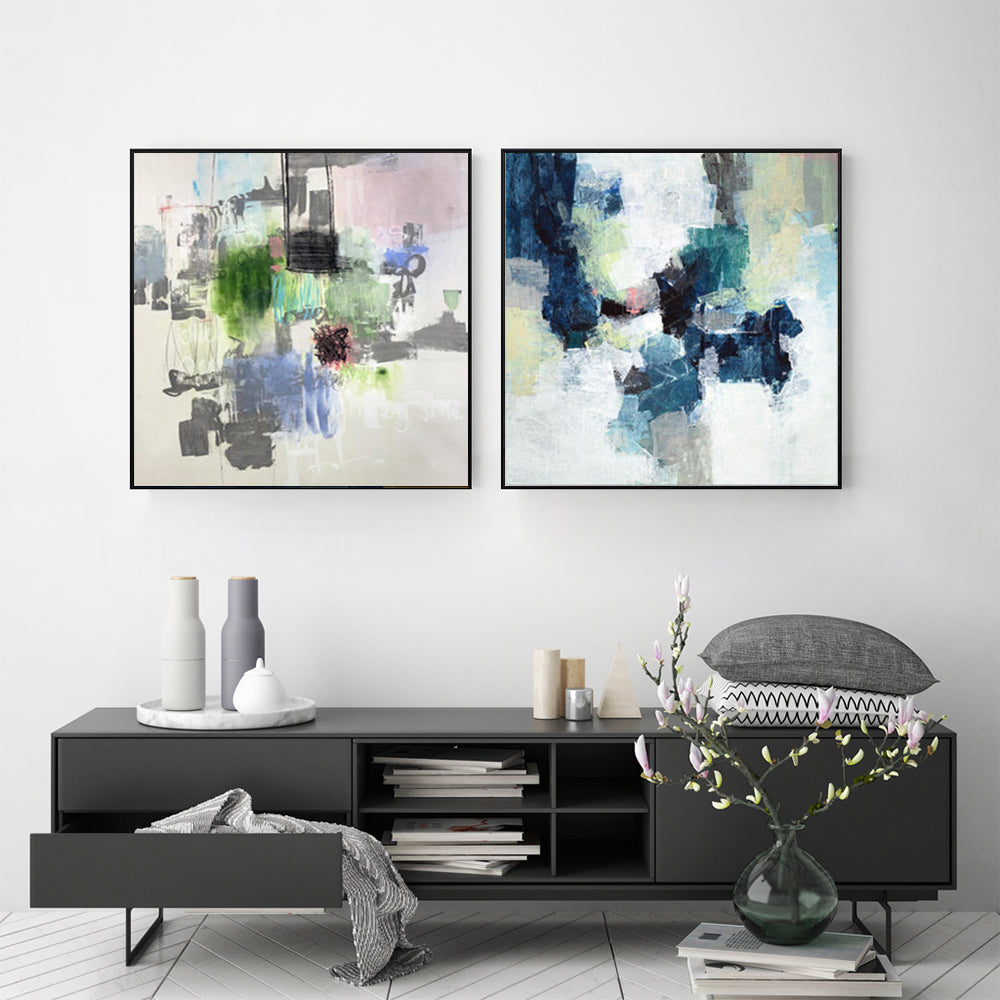 Contemporary Blue Crushers Canvas Art - 50cm x 50cm Framed Prints (Set of 2)