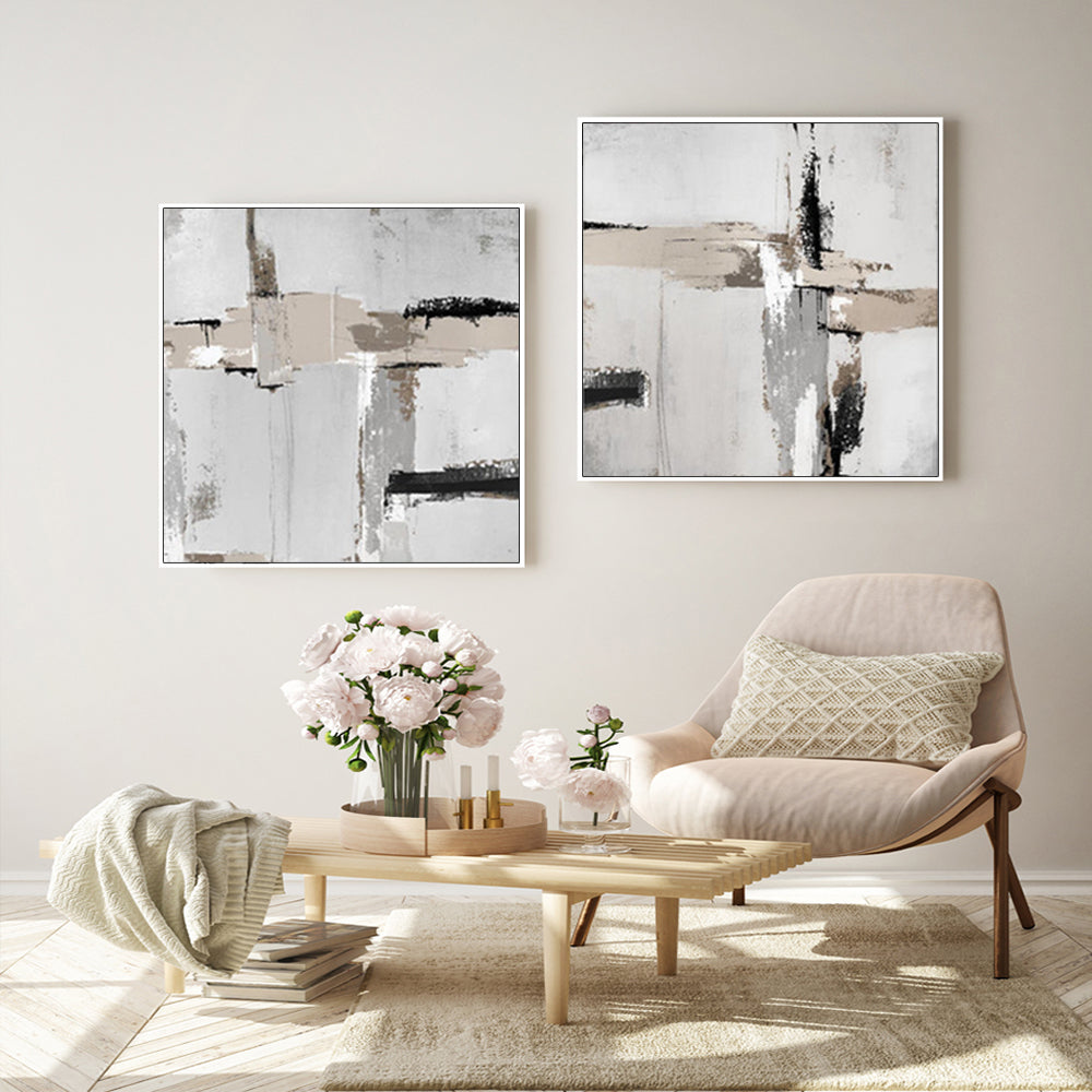 Neutral Abstract Wall Art Set - 60cmx60cm Canvas with White Floating Frame