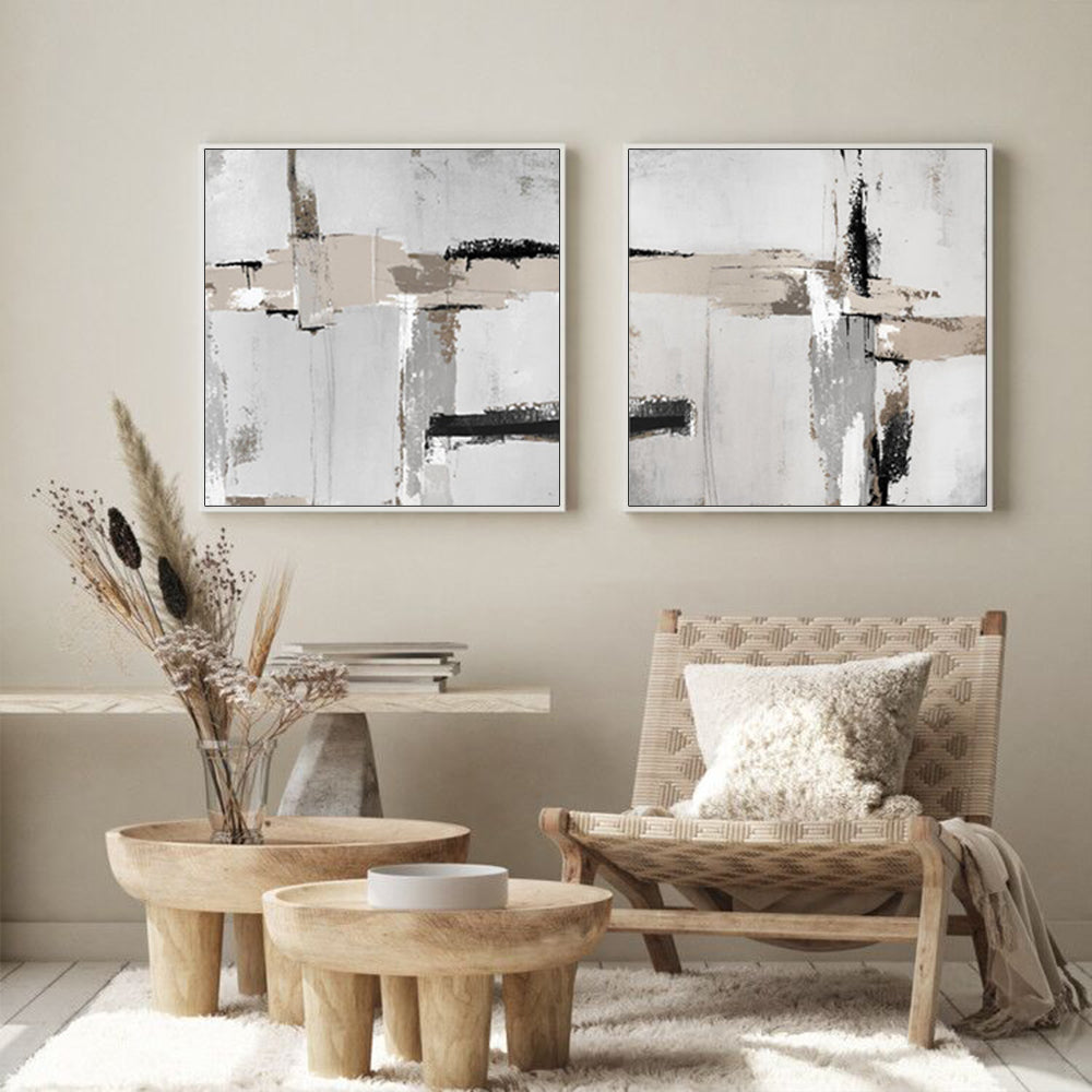 Neutral Abstract Wall Art Set - 60cmx60cm Canvas with White Floating Frame