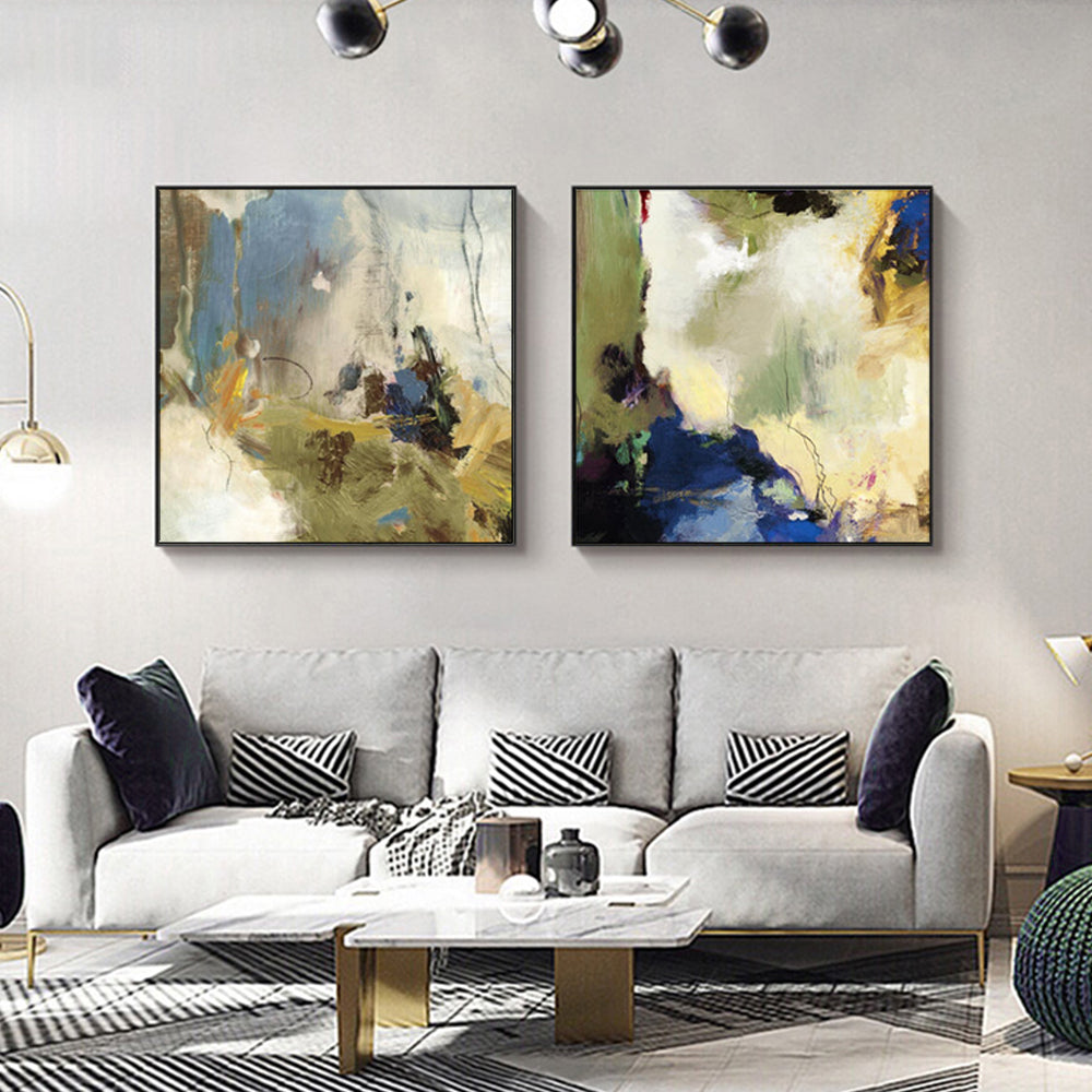 Abstract Blue Canvas Wall Art Set - 50cm x 50cm with Black Framed Design (2 Pieces)