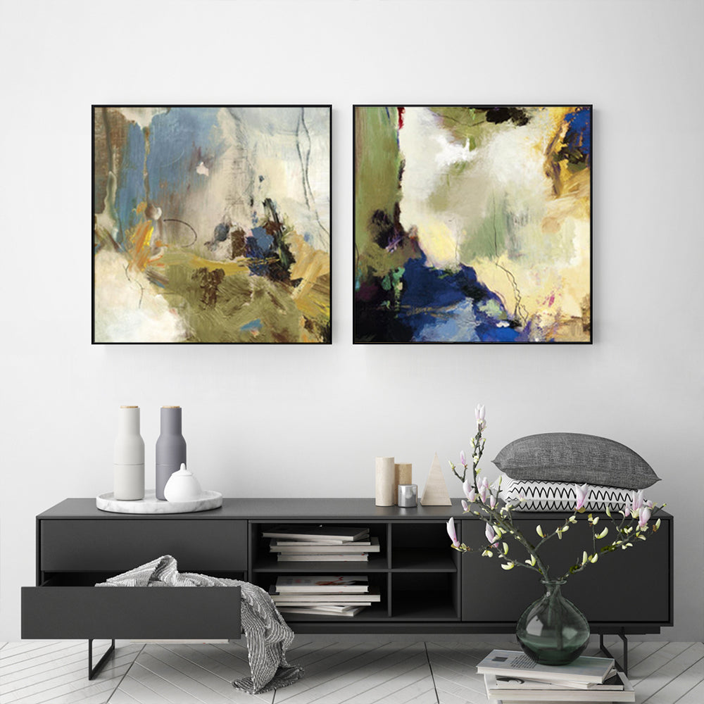 Abstract Blue Canvas Wall Art Set - 100cm x 100cm with Black Floating Frames