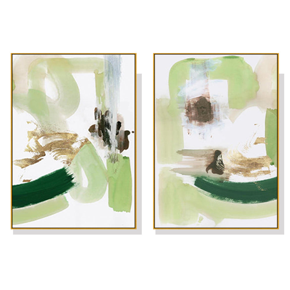 Abstract Green Mint Canvas Art Set with Gold Frames - 50cm x 70cm