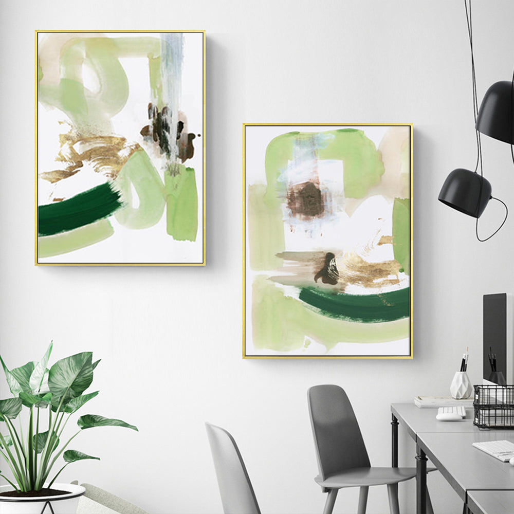 Abstract Green Mint Canvas Art Set with Gold Frames - 50cm x 70cm