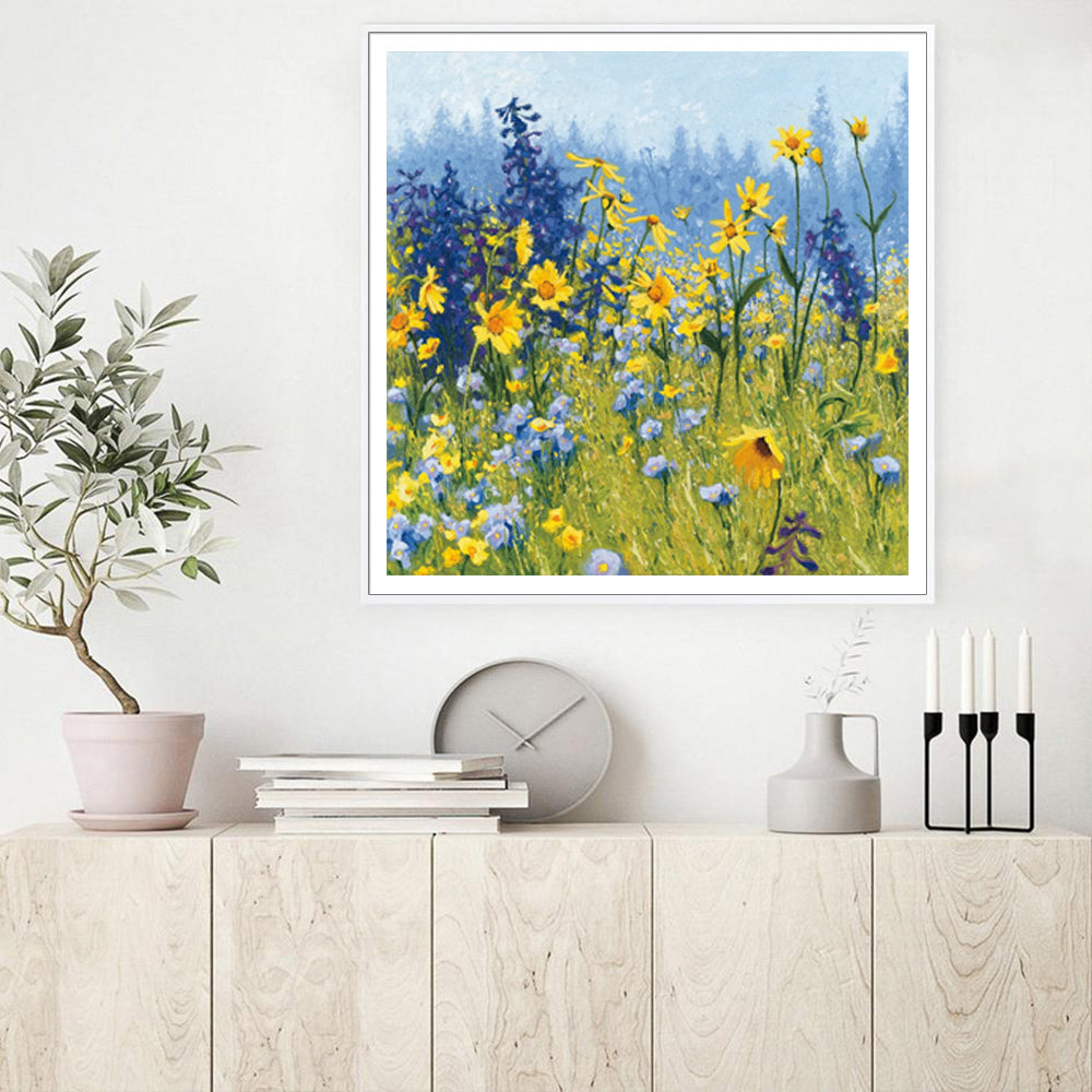 Joyful In July Framed Canvas Art - 60cm x 60cm White Frame